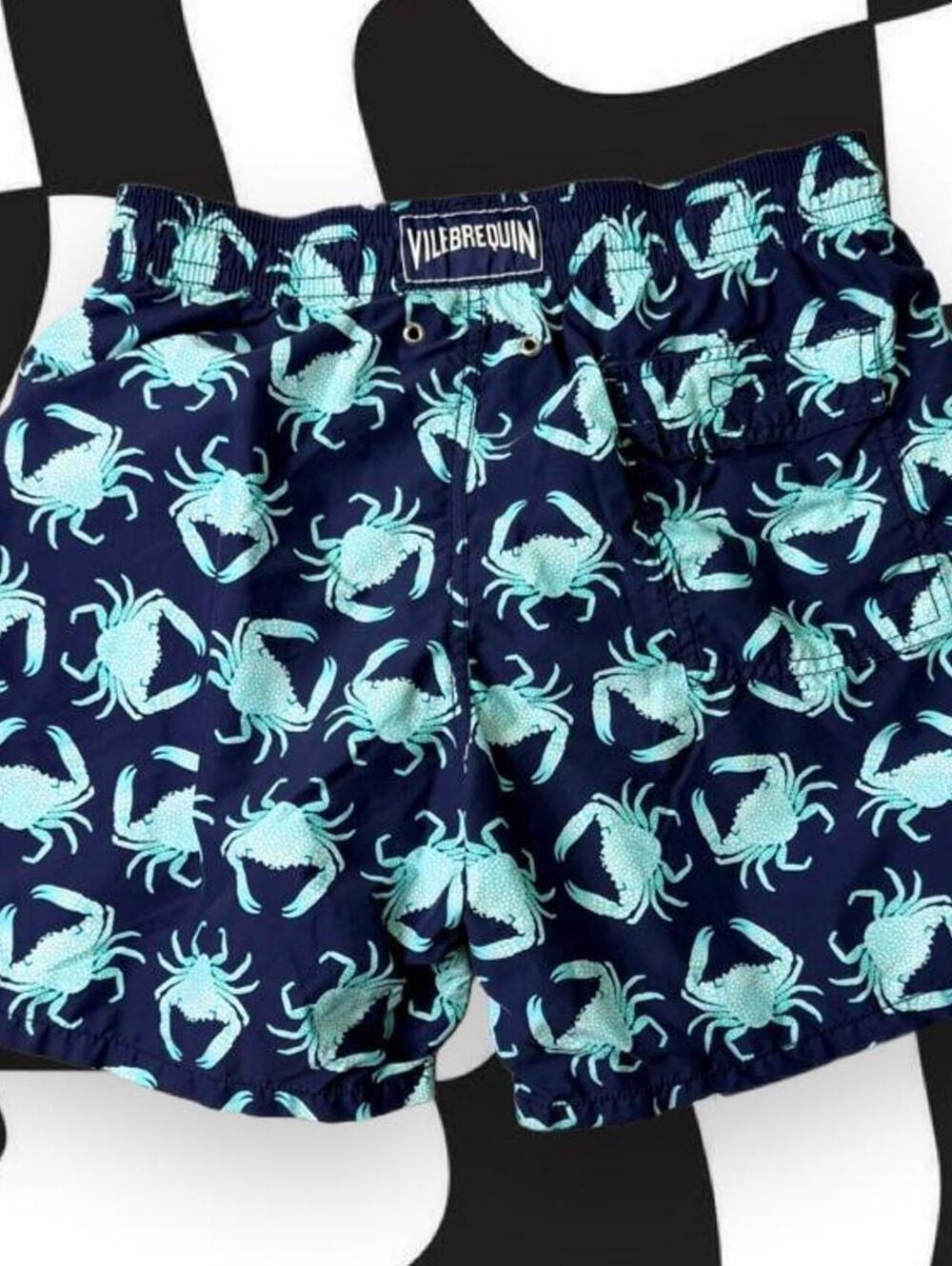 Vilebrequin Swim Shorts with light blue crab pattern on navy background